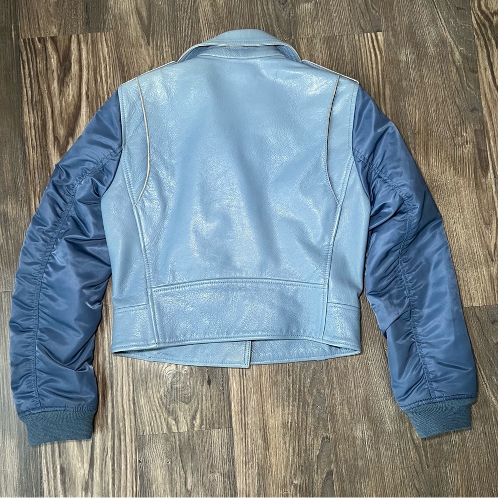 Sandro Blue Goat Leather Coat Biker Moto Bomber Jacket with Pleated Sleeves - Picture 4 of 16